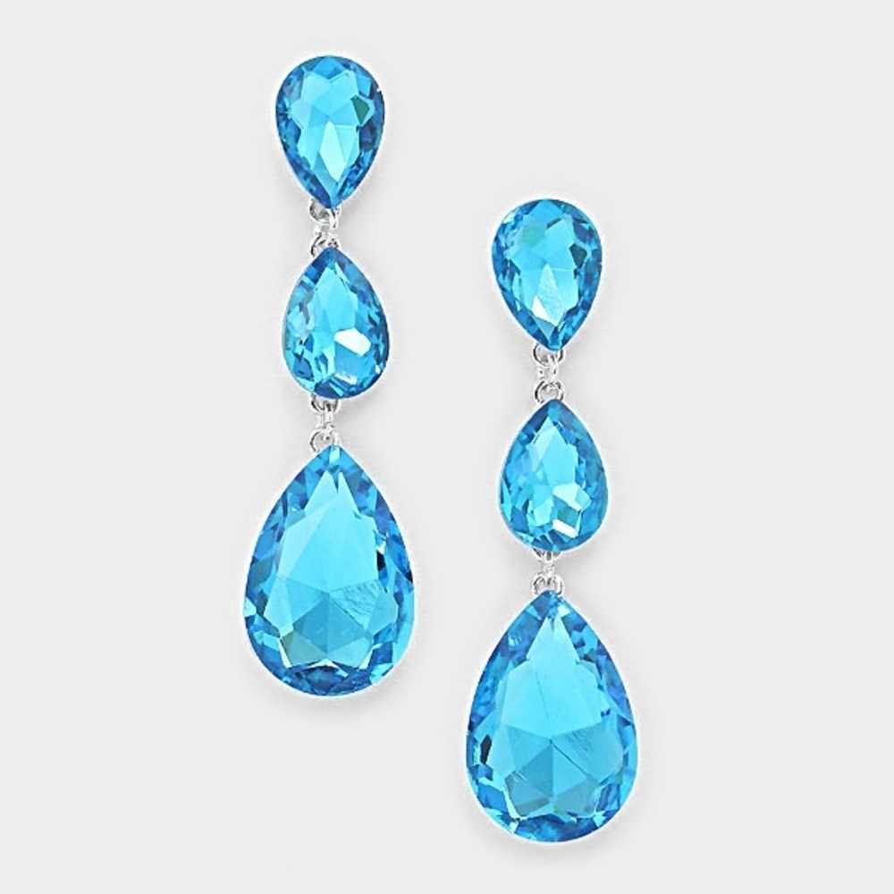 Aqua Dangle Crystal Earrings 2.75 Inch Triple Tear Drop Jewelry